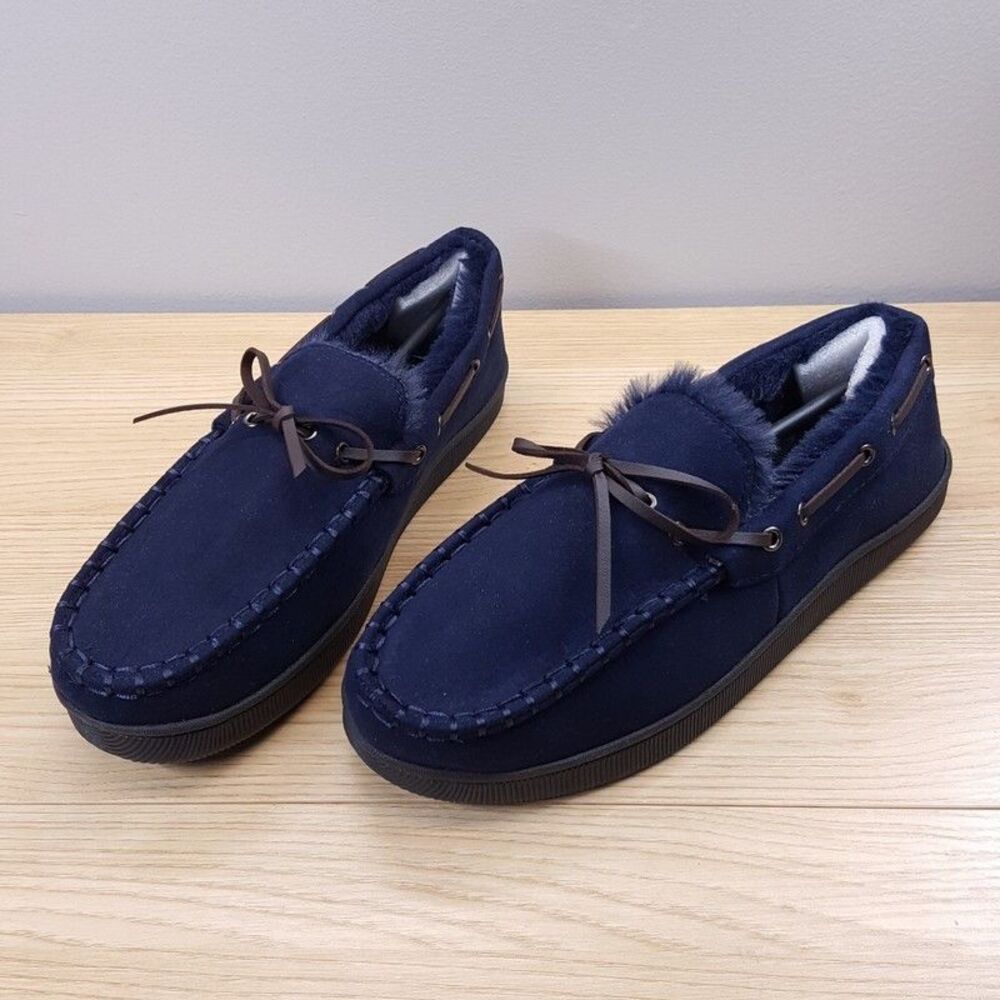 CLUB ROOM Mens Moccasin Slippers Size 6 - 7 Blue Slip On Plush Lined Comfort